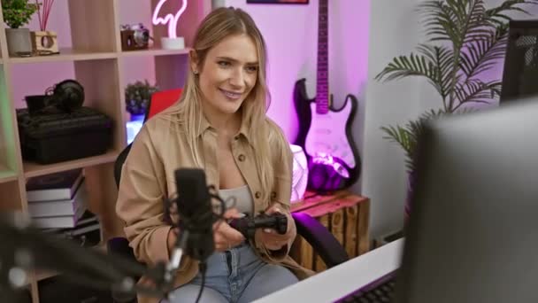 Spændt Ung Blondine Streamer Kvindes Sejrsnat Glædeligt Spille Videospil Med – Stock-video