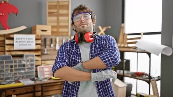 Bonito Jovem Carpinteiro Exalando Confiança Desfrutando Alegria Carpintaria Homem Feliz — Vídeo de Stock