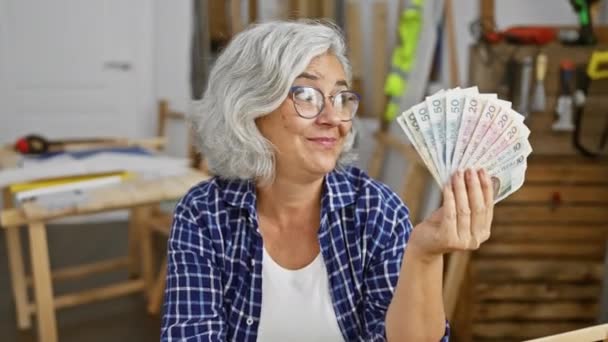 Triunfante Mujer Pelo Gris Mediana Edad Celebrando Ganar Con Billetes — Vídeo de stock