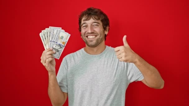 Cheerful Young Man Confidently Showing Banknotes Flashes Sunny Smile Cool — Stock Video