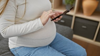 Evde hamile bir kadın akıllı telefon kullanıyor, kapalı bir ortamda annelik yapıyor..