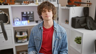 Stüdyoda sakallı, kot ceketli ve kırmızı gömlekli genç bir İspanyol.