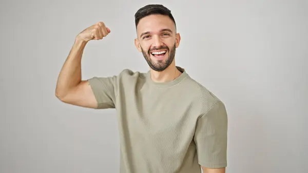 Young Hispanic Man Smiling Confident Doing Strong Gesture Arm Isolated — Fotografia de Stock