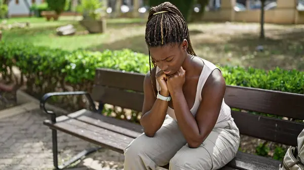 African American Woman Stressed Sitting Bench Park — Stock Photo, Image
