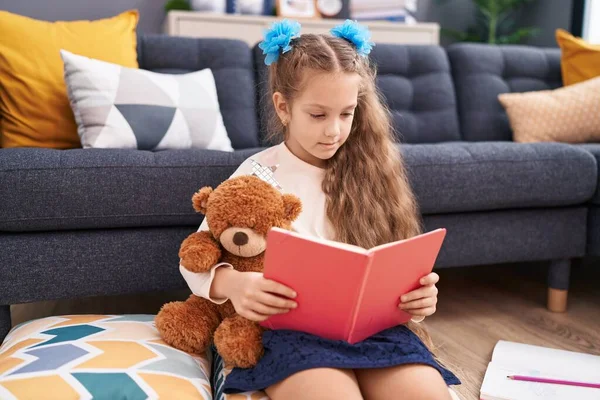 Adorable Caucasian Girl Reading Book Sitting Floor Home — Stockfoto