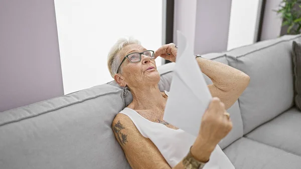 Stifling Heat Indoors Sweating Grey Haired Senior Woman Suffering Hot — Stock Photo, Image
