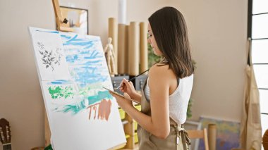 Sanatsal tutku serbest bırakıldı, genç, güzel İspanyol kadın sanatçı moda sanat stüdyosunda zevkle çizim yapıyor, önlük giymiş, palet elinde..