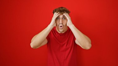 Vay canına! Genç, yakışıklı bir İspanyol 'un çarpıcı portresi inanılmaz bir şaşkınlık içeriyor, canlı kırmızı bir arka planda tek başına duruyor..