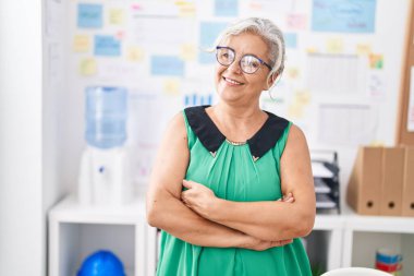 Orta yaşlı, kır saçlı, iş kadını, güler yüzlü, kendine güvenen, kollarını kavuşturup ofiste el kol kola duran.