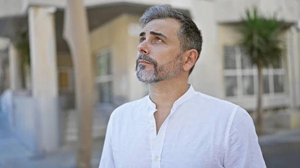 Handsome Young Hispanic Man Grey Haired Beard Serious Expression Standing — Stock Photo, Image