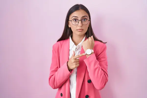 Young Hispanic Woman Wearing Business Clothes Glasses Hurry Pointing Watch — Stock Photo, Image