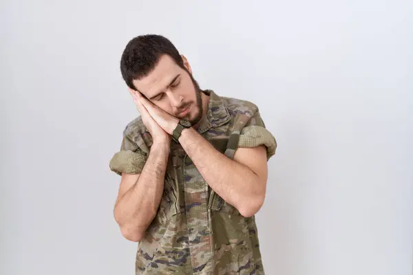 Young Hispanic Man Wearing Camouflage Army Uniform Sleeping Tired Dreaming — Stock Photo, Image