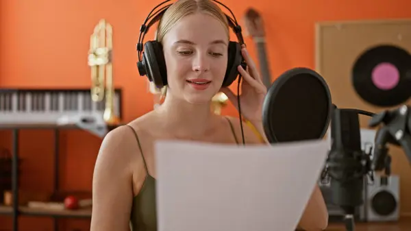 Musisi Wanita Pirang Muda Tersenyum Lagu Bernyanyi Percaya Diri Studio — Stok Foto