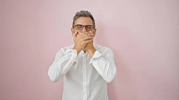 Wow Amazed Young Hispanic Man Grey Haired Expression Hands Covering — Stock Photo, Image