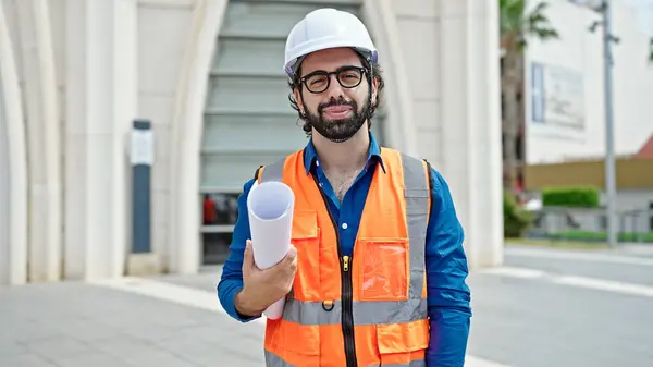 Young Hispanic Man Architect Smiling Confident Holding Blueprints Construction Place — Stock Photo, Image