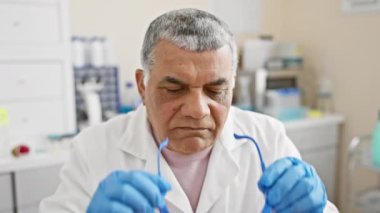 Laboratuvar ortamında gülümseyen beyaz önlüklü ve gözlüklü yetişkin bir bilim adamı.