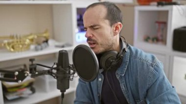 Stüdyodaki kel adam mikrofon, kulaklık, şarkı, kot, iç mekan, raf, müzik