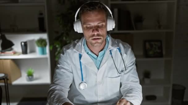 Homme Hispanique Concentré Portant Casque Blouse Laboratoire Stéthoscope Travaillant Sur — Video