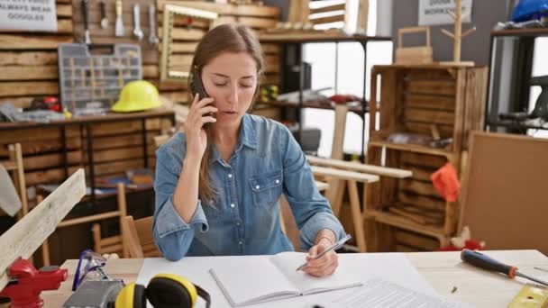 Uma Mulher Preocupada Telefonema Enquanto Tomava Notas Uma Oficina Carpintaria — Vídeo de Stock