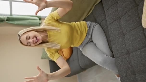 Cheerful Young Blonde Woman Ten Fingers Raised Pointing Glowing Smile — Stock Video