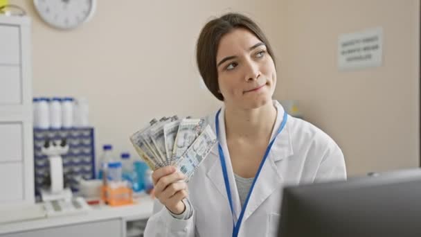 Laboratuvar Önlüklü Spanyol Kadın Klinik Laboratuarında Peru Parası Düşünüyor — Stok video