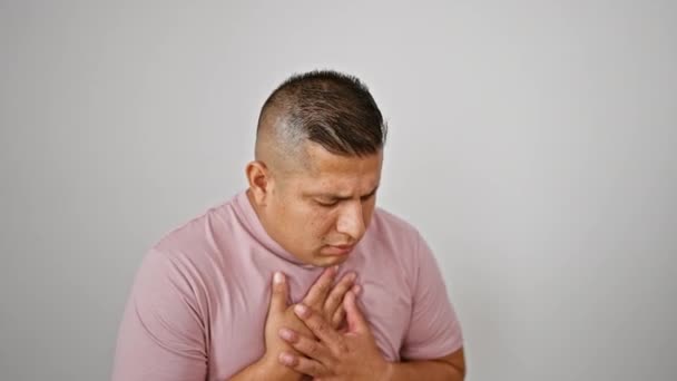 Young Handsome Latin Man Standing Isolated Seriously Coughing Storm White — Stock Video