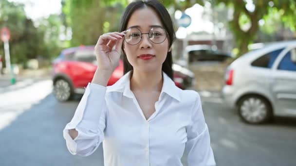 Sonriente Joven Asiática Mujer Con Gafas Pie Una Calle Ciudad — Vídeos de Stock
