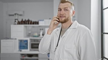 Beyaz laboratuvar önlüklü yakışıklı, genç, sakallı beyaz bir adam iyi donanımlı bir klinik laboratuvarında akıllı bir telefonla konuşuyor..