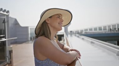 Güneş şapkalı gülümseyen bir kadın arka planda okyanus olan bir yolcu gemisinin raylarına yaslanıyor..