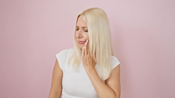 Pain Stricken Young Blonde Woman Clutching Her Mouth Suffering Severe — Stock Video