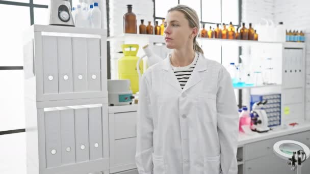 Μια Γυναίκα Επιστήμονας Αυτοπεποίθηση Στέκεται Χέρια Σταυρωμένα Ένα Φωτεινό Εργαστήριο — Αρχείο Βίντεο