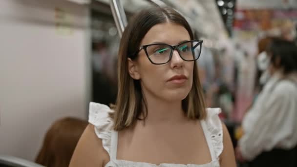 Piękna Latynoska Kobieta Okularach Stojąca Czekająca Metrze Miejski Portret Nowoczesnej — Wideo stockowe