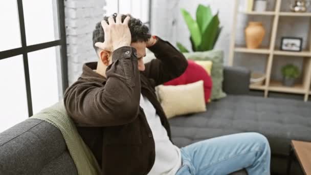 Young Man Stressed Desperate Unrelenting Headache Suffering Migraine Pain Hand — Stock Video