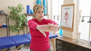 Fizyoterapi kliniğinde arka planda rehabilitasyon ekipmanları olan odaklanmış bir kadın..