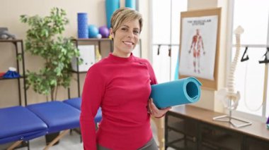 Anatomik posterler ve rehabilitasyon ekipmanlarıyla fizik tedavi kliniğinde yoga minderi taşıyan gülümseyen bir kadın.
