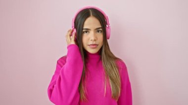 Havalı ve kendinden emin genç Latin bir kadın, mükemmel dişleriyle gülümsüyor, pembe izole edilmiş arka planda müzik dinliyor.