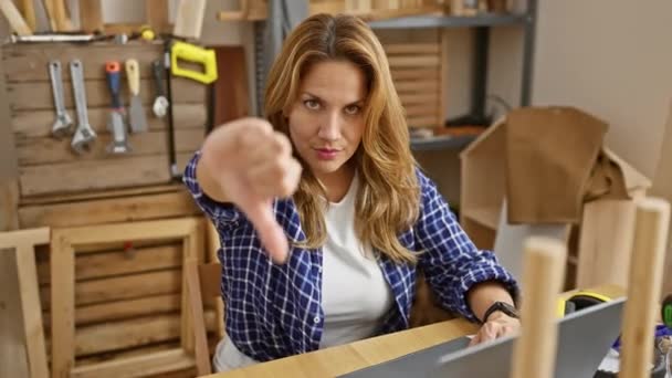 美しい若いラテン語の女性の怒り 大工のテーブルの親指ダウンジェスチャー 屋内職場での明確な不満を表現 — ストック動画
