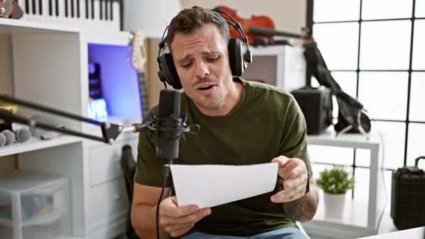 Homme Hispanique Chantant Avec Émotion Dans Studio Enregistrement Portant Casque — Video