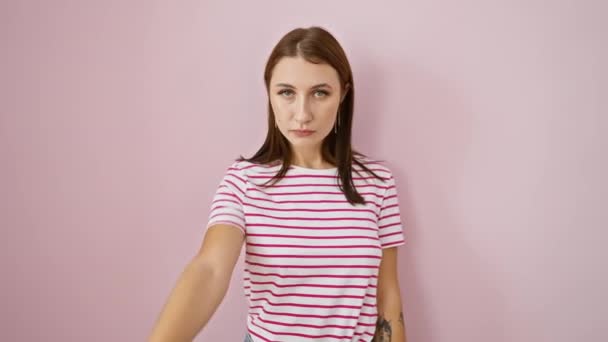 Confident Young Brunette Girl Striped Tshirt Bans Strong Stop Gesture — Stock Video