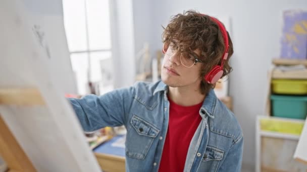 Jovem Pensativo Com Óculos Fones Ouvido Envolvidos Pintura Estúdio Arte — Vídeo de Stock