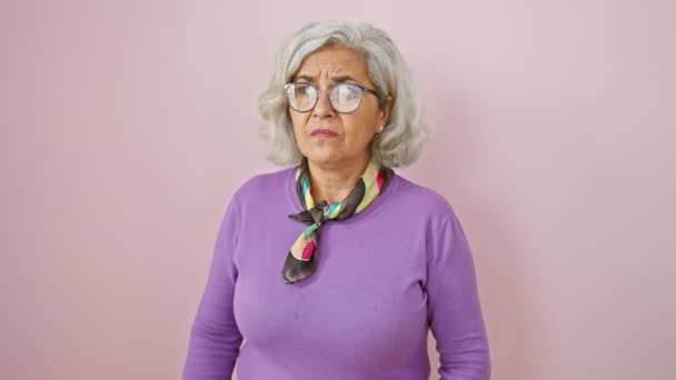 Medelålders Gråhårig Kvinna Med Glasögon Nervöst Bitande Naglar Utsatt För — Stockvideo