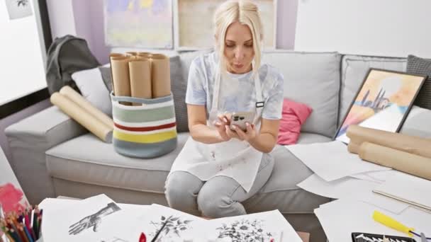 Aantrekkelijke Jonge Blonde Vrouw Kunstenaar Nemen Artistieke Smartphone Foto Tekenen — Stockvideo