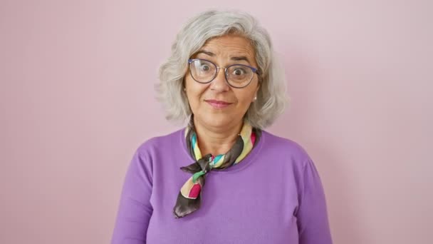 Gri Saçlı Kendine Güveni Tam Orta Yaşlı Bir Kadın Gözlük — Stok video
