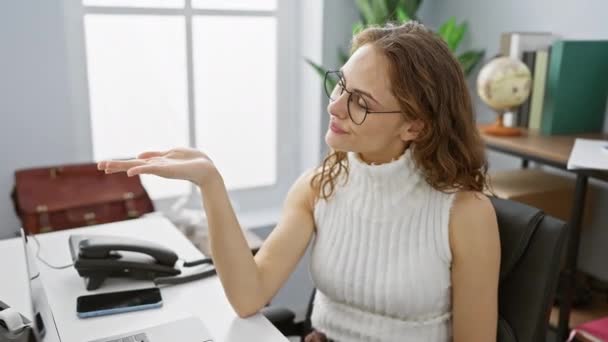 Cheerful Young Woman Working Indoors Office Happily Presenting Something Gesture — Stock Video
