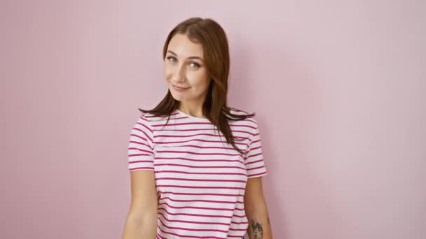 Beckoning Style Beautiful Young Russian Woman Striped Tee Inviting Come — Stock Video