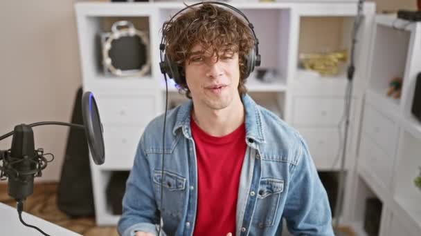 Jovem Sorridente Com Fones Ouvido Estúdio Música Falando Microfone Vestindo — Vídeo de Stock