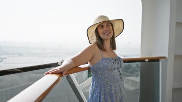 Μια Χαμογελαστή Γυναίκα Φορώντας Ένα Καπέλο Του Ήλιου Απολαμβάνει Χρόνο — Αρχείο Βίντεο
