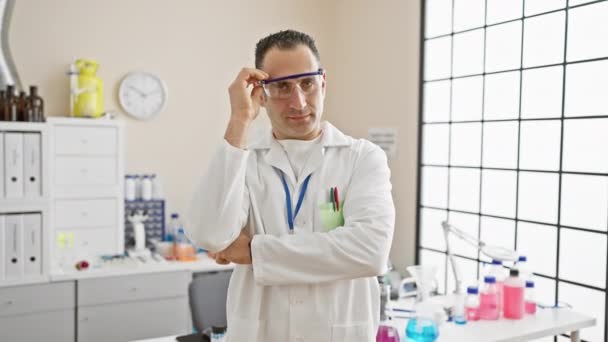 Científico Varón Confiado Quitándose Las Gafas Seguridad Mientras Está Pie — Vídeos de Stock