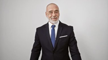 Beyaz soyutlanmış arka plana karşı gri sakallı, kendinden emin iş adamı pozitifliğini ifade ediyor..