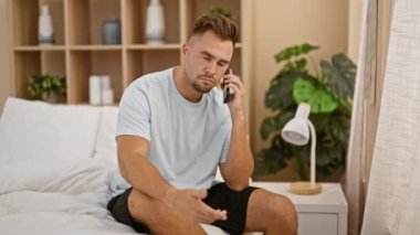 Gündelik kıyafetli genç İspanyol bir adam yatakta oturuyor ve telefonda konuşuyor. Parlak, rahat bir yatak odasında.